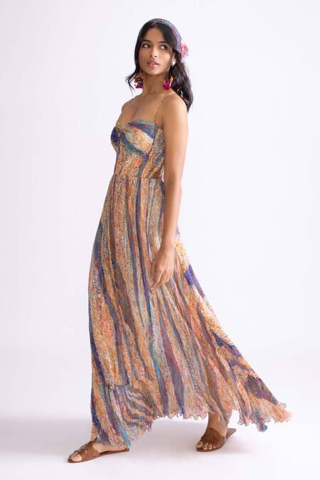 Buy_Saaksha & Kinni_Multi Color Chiffon Sweetheart Neck Kiara Weave Print Pleated Dress _Online_at_Aza_Fashions
