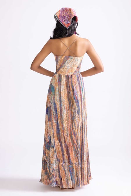 Shop_Saaksha & Kinni_Multi Color Chiffon Sweetheart Neck Kiara Weave Print Pleated Dress _at_Aza_Fashions