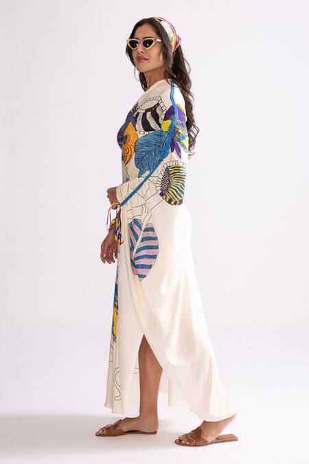 Saaksha & Kinni_Multi Color Silk One Shoulder Alana Trible Print Kaftan_Online_at_Aza_Fashions