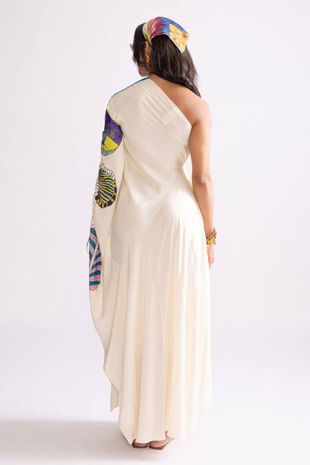 Shop_Saaksha & Kinni_Multi Color Silk One Shoulder Alana Trible Print Kaftan_at_Aza_Fashions