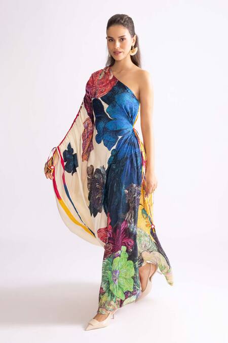 Saaksha & Kinni_Multi Color Silk One Shoulder Alaza Daisy Print Kaftan _Online_at_Aza_Fashions