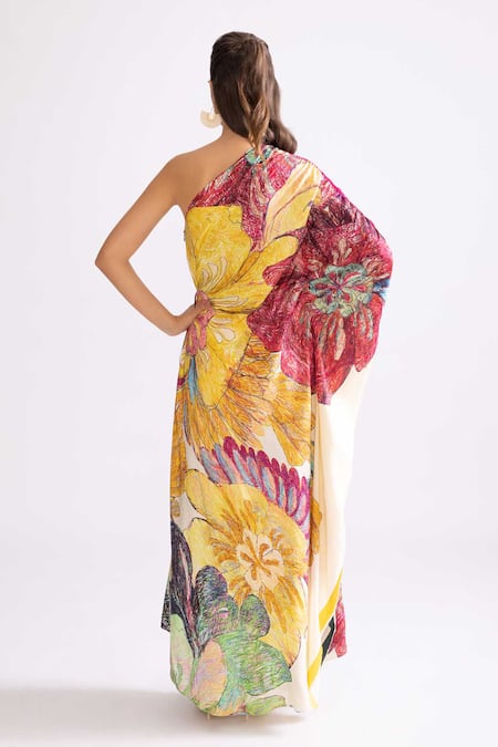 Shop_Saaksha & Kinni_Multi Color Silk One Shoulder Alaza Daisy Print Kaftan _at_Aza_Fashions