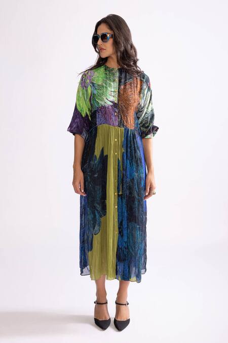 Saaksha & Kinni_Multi Color Organza, Cotton Round Neck Sonam Daisy Print Midi Dress_Online_at_Aza_Fashions