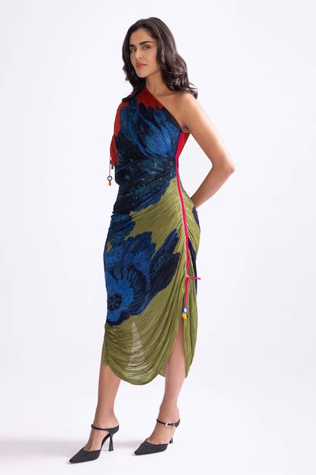 Saaksha & Kinni_Blue Cotton, Silk One Shoulder Mira Daisy Print Pleated Dress _Online_at_Aza_Fashions