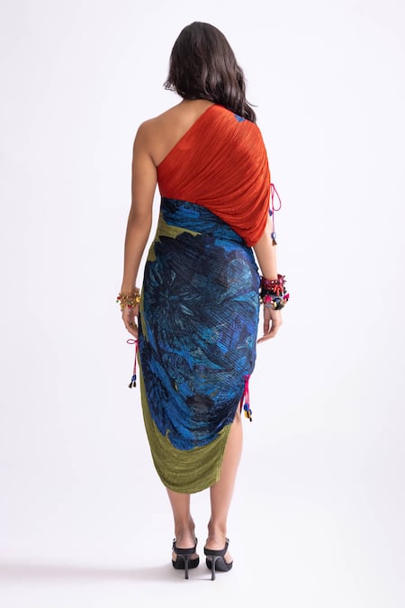 Shop_Saaksha & Kinni_Blue Cotton, Silk One Shoulder Mira Daisy Print Pleated Dress _at_Aza_Fashions