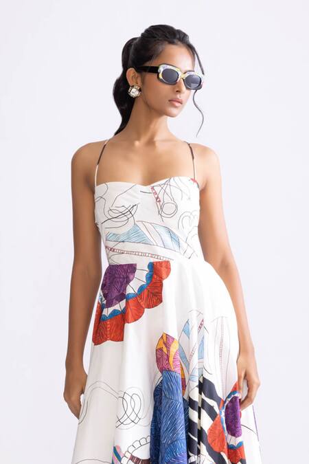 Saaksha & Kinni Multi Color Cotton Sweetheart Neck Merilyn Trible Print Flared Dress Online at Aza Fashions Saaksha & Kinni_Multi Color Cotton Sweetheart Neck Merilyn Trible Print Flared Dress _Online_at_Aza_Fashions