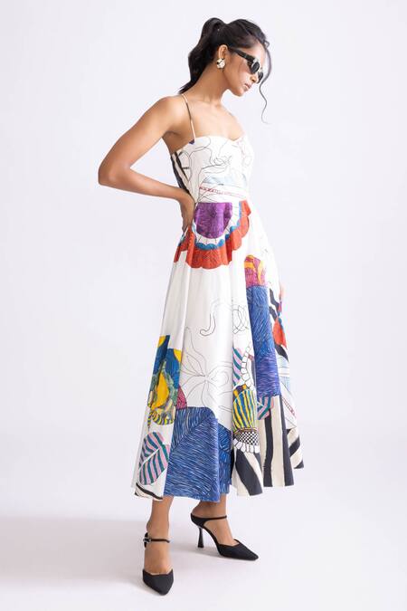 Shop_Saaksha & Kinni_Multi Color Cotton Sweetheart Neck Merilyn Trible Print Flared Dress _Online_at_Aza_Fashions