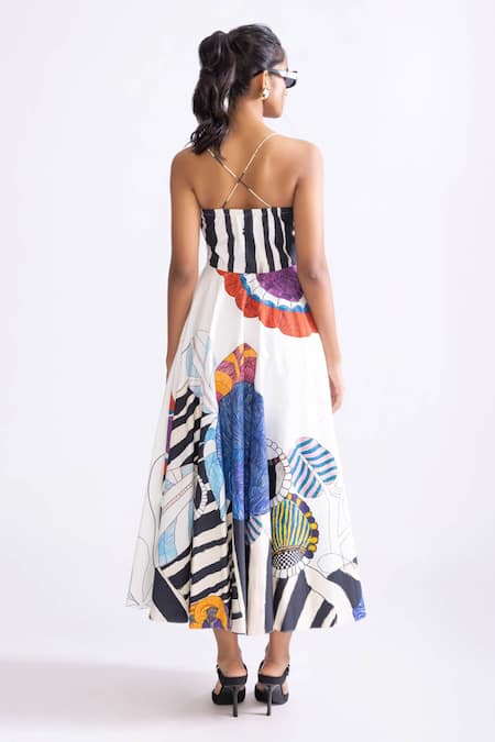 Shop_Saaksha & Kinni_Multi Color Cotton Sweetheart Neck Merilyn Trible Print Flared Dress _at_Aza_Fashions