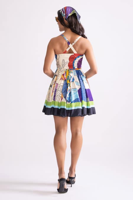 Shop_Saaksha & Kinni_Multi Color Silk Sweetheart Neck Ballerina Tribal Print Flared Dress _at_Aza_Fashions