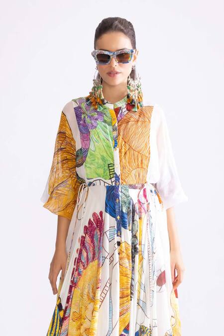 Saaksha & Kinni_Multi Color Organza, Chanderi Round Neck Meagen Daisy And Trible Print Dress_Online_at_Aza_Fashions