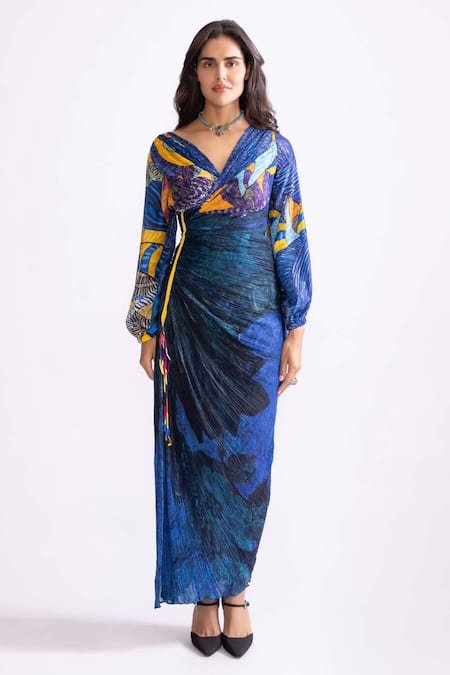 Saaksha & Kinni_Blue Cotton, Silk V-neck Eloise Daisy And Trible Print Dress _Online_at_Aza_Fashions