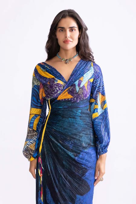 Buy_Saaksha & Kinni_Blue Cotton, Silk V-neck Eloise Daisy And Trible Print Dress _Online_at_Aza_Fashions