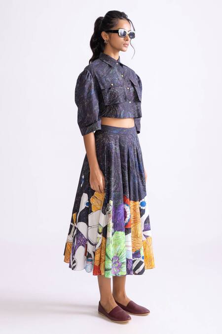 Saaksha & Kinni_Black Cotton Nikki Trible Print Skirt _Online_at_Aza_Fashions