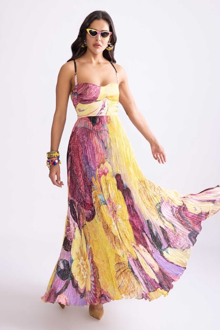 Buy_Saaksha & Kinni_Purple Chiffon, Hemp Sweetheart Neck Nala Daisy Print Pleated Dress _Online_at_Aza_Fashions