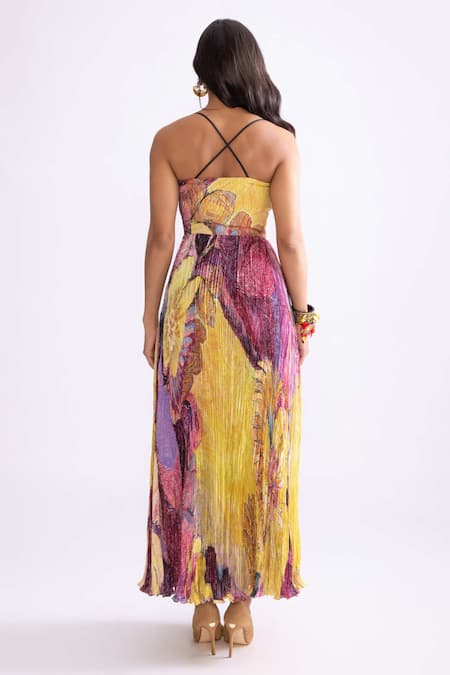 Shop_Saaksha & Kinni_Purple Chiffon, Hemp Sweetheart Neck Nala Daisy Print Pleated Dress _at_Aza_Fashions