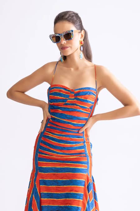 Saaksha & Kinni Blue Cotton Sweetheart Neck Nia Stripe Print Midi Dress Online at Aza Fashions Saaksha & Kinni_Blue Cotton Sweetheart Neck Nia Stripe Print Midi Dress _Online_at_Aza_Fashions