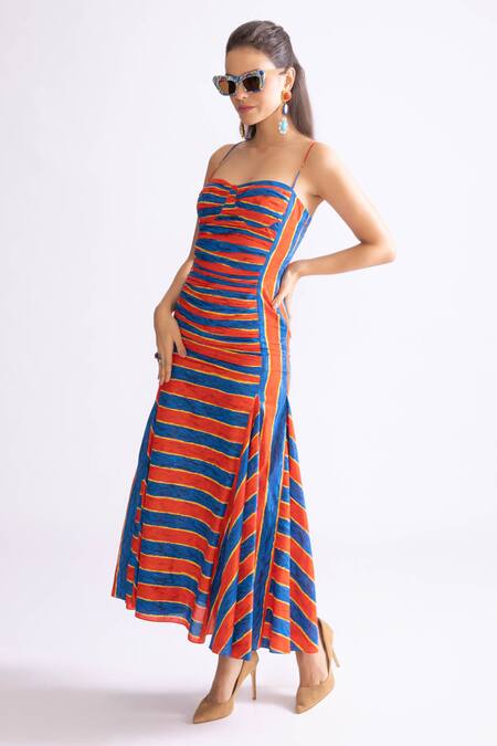 Buy_Saaksha & Kinni_Blue Cotton Sweetheart Neck Nia Stripe Print Midi Dress _Online_at_Aza_Fashions