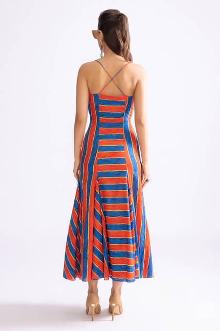 Shop_Saaksha & Kinni_Blue Cotton Sweetheart Neck Nia Stripe Print Midi Dress _at_Aza_Fashions