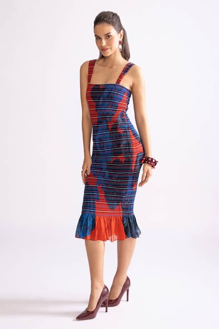 Buy_Saaksha & Kinni_Red Cotton, Silk Square Neck Sage Daisy Print Bodycon Dress _Online_at_Aza_Fashions