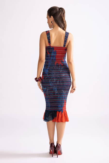 Shop_Saaksha & Kinni_Red Cotton, Silk Square Neck Sage Daisy Print Bodycon Dress _at_Aza_Fashions