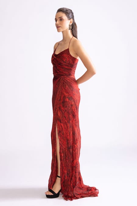 Buy_Saaksha & Kinni_Red Chiffon Scoop Neck Remi Wave Print Micro Pleat Dress _Online_at_Aza_Fashions