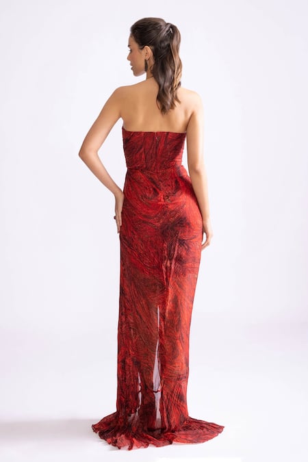Shop_Saaksha & Kinni_Red Chiffon Scoop Neck Remi Wave Print Micro Pleat Dress _at_Aza_Fashions
