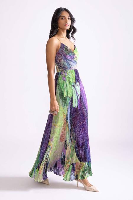 Buy_Saaksha & Kinni_Purple Chiffon Asymmetric Harlow Daisy Print Micro Pleat Dress _Online_at_Aza_Fashions
