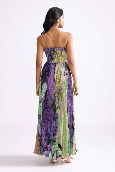 Shop_Saaksha & Kinni_Purple Chiffon Asymmetric Harlow Daisy Print Micro Pleat Dress _at_Aza_Fashions