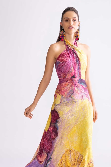 Saaksha & Kinni_Yellow Silk Halter Neck Shailee Daisy Print Tie Up Dress _Online_at_Aza_Fashions