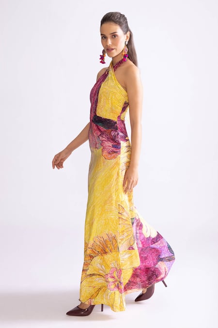 Buy_Saaksha & Kinni_Yellow Silk Halter Neck Shailee Daisy Print Tie Up Dress _Online_at_Aza_Fashions