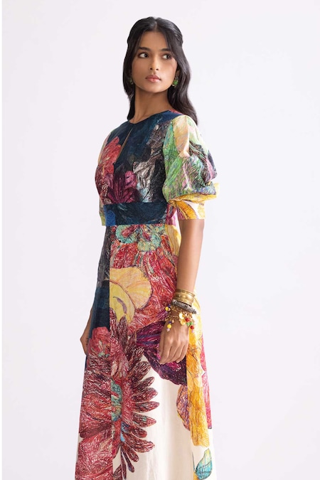 Saaksha & Kinni_Multi Color Cotton Round Neck Daisy Print A-line Dress _Online_at_Aza_Fashions