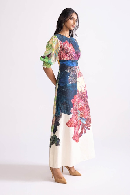Buy_Saaksha & Kinni_Multi Color Cotton Round Neck Daisy Print A-line Dress _Online_at_Aza_Fashions