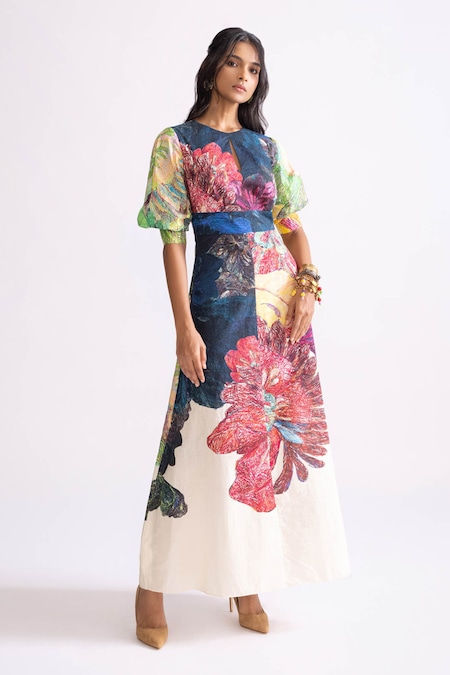 Buy_Saaksha & Kinni_Multi Color Cotton Round Neck Daisy Print A-line Dress _at_Aza_Fashions