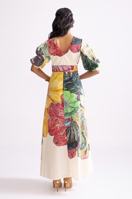 Shop_Saaksha & Kinni_Multi Color Cotton Round Neck Daisy Print A-line Dress _at_Aza_Fashions