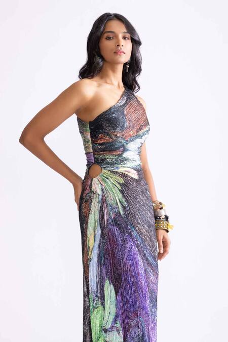 Saaksha & Kinni_Multi Color Satin One Shoulder Cleo Daisy Print Dress _Online_at_Aza_Fashions