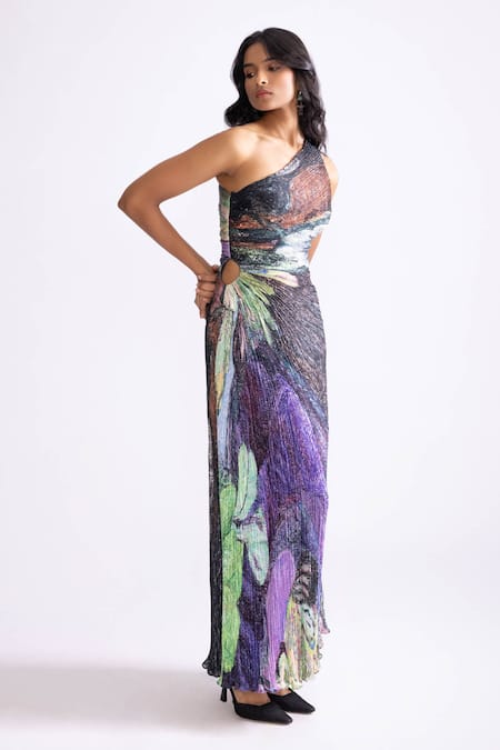 Buy_Saaksha & Kinni_Multi Color Satin One Shoulder Cleo Daisy Print Dress _Online_at_Aza_Fashions