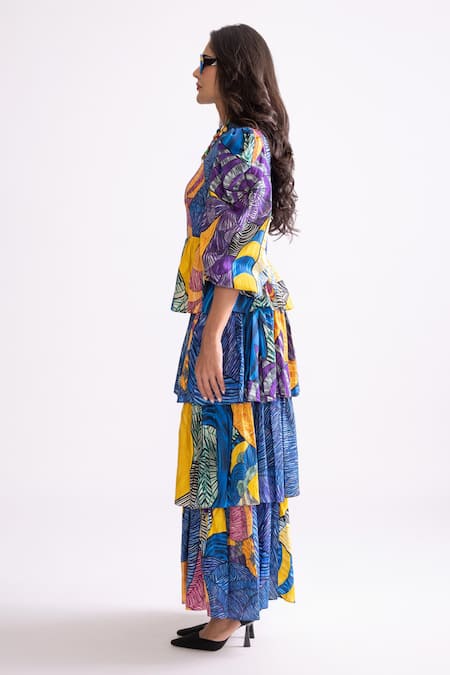Buy_Saaksha & Kinni_Blue Cotton High Neck Adalynn Tribal Print Tiered Dress _Online_at_Aza_Fashions