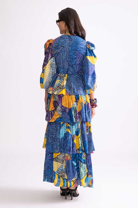 Shop_Saaksha & Kinni_Blue Cotton High Neck Adalynn Tribal Print Tiered Dress _at_Aza_Fashions
