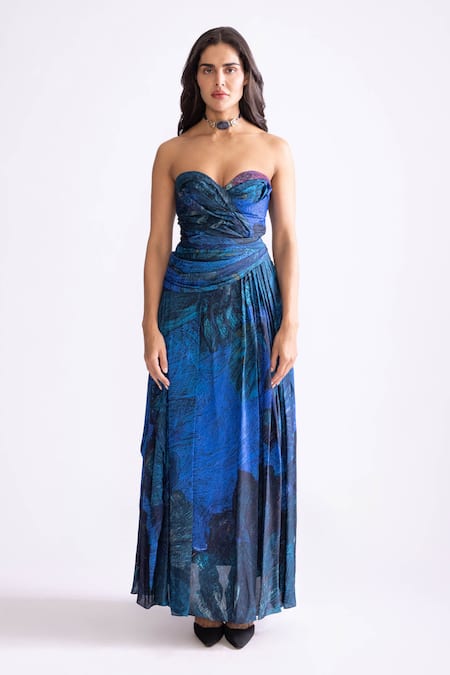 Saaksha & Kinni_Blue Silk Sweetheart Neck Mili Daisy Print Draped Dress _Online_at_Aza_Fashions