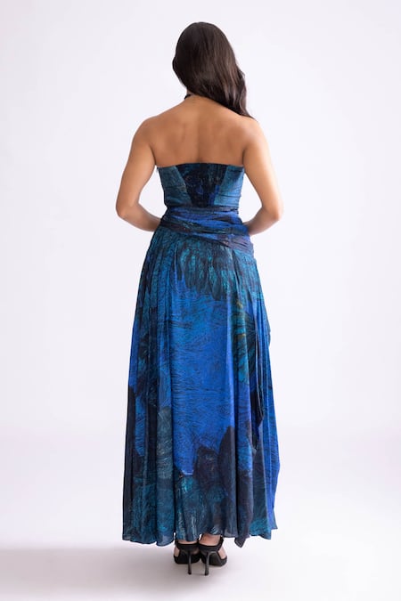 Shop_Saaksha & Kinni_Blue Silk Sweetheart Neck Mili Daisy Print Draped Dress _at_Aza_Fashions