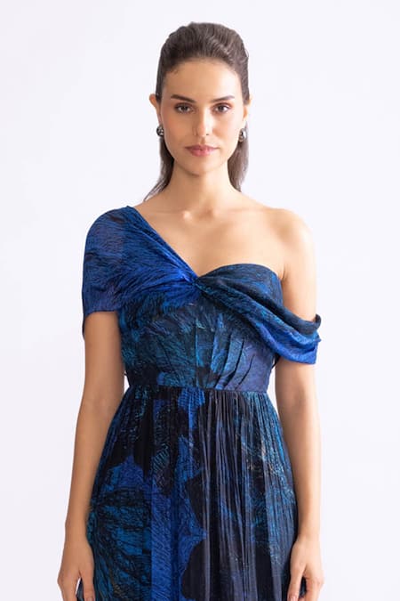 Saaksha & Kinni Blue Chiffon Asymmetric Freya Daisy Print Draped Sleeve Dress Online at Aza Fashions Saaksha & Kinni_Blue Chiffon Asymmetric Freya Daisy Print Draped Sleeve Dress _Online_at_Aza_Fashions