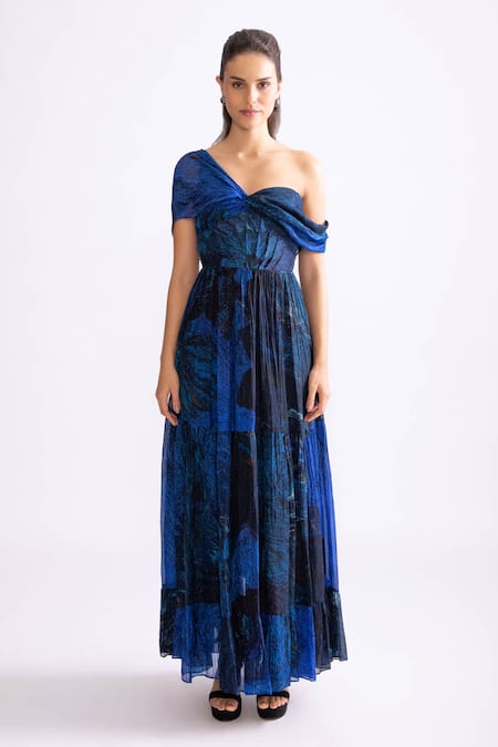Buy_Saaksha & Kinni_Blue Chiffon Asymmetric Freya Daisy Print Draped Sleeve Dress _Online_at_Aza_Fashions