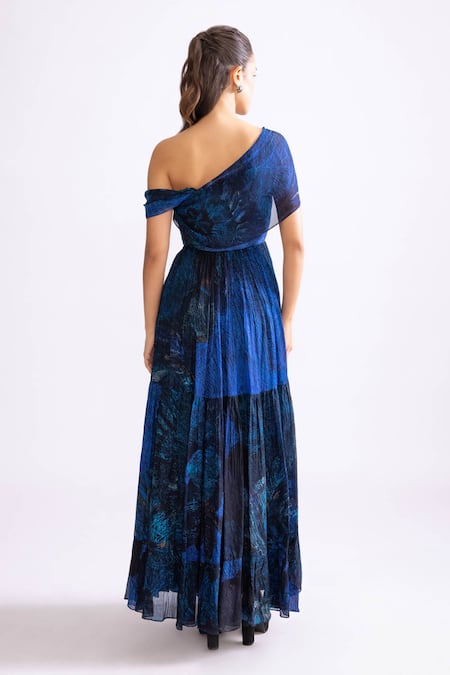 Shop_Saaksha & Kinni_Blue Chiffon Asymmetric Freya Daisy Print Draped Sleeve Dress _at_Aza_Fashions
