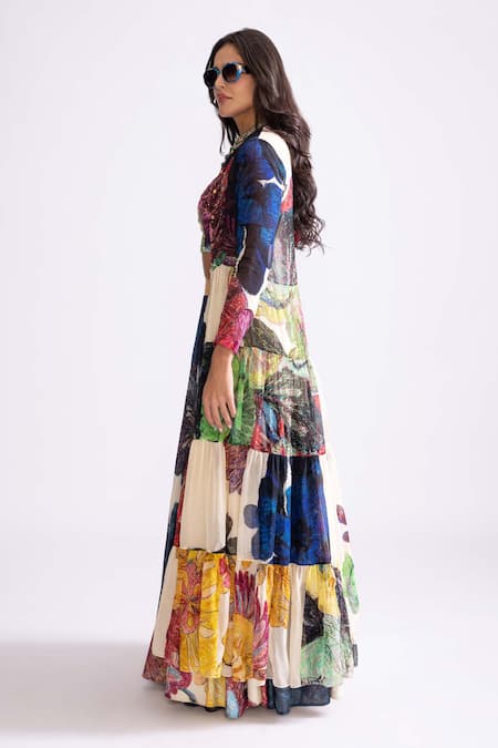 Buy_Saaksha & Kinni_Multi Color Magnolia Daisy Print Tiered Cape _Online_at_Aza_Fashions