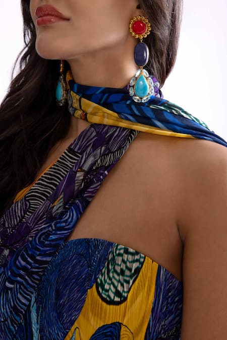 Saaksha & Kinni_Blue Silk, Satin Sweetheart Neck Rianna Tribal Print Micro Pleat Dress _Online_at_Aza_Fashions