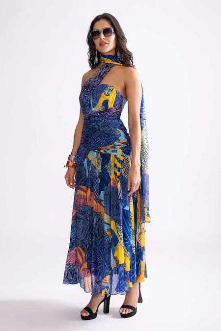 Buy_Saaksha & Kinni_Blue Silk, Satin Sweetheart Neck Rianna Tribal Print Micro Pleat Dress _Online_at_Aza_Fashions