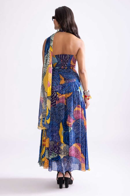 Shop_Saaksha & Kinni_Blue Silk, Satin Sweetheart Neck Rianna Tribal Print Micro Pleat Dress _at_Aza_Fashions