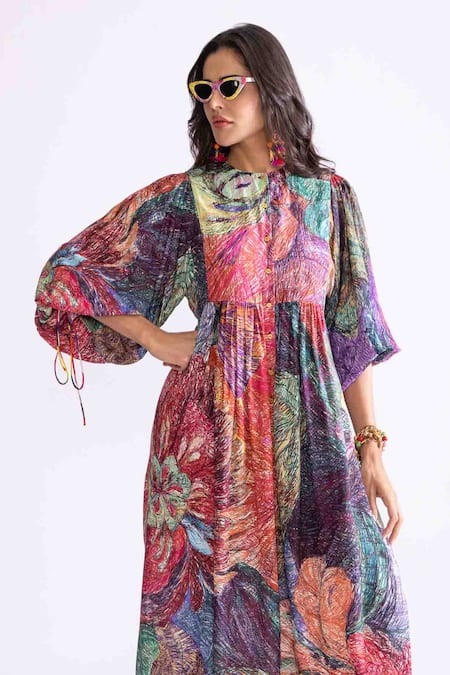 Saaksha & Kinni_Multi Color Silk Embroidery Round Neck Sara Daisy Print Puff Sleeve Dress_Online_at_Aza_Fashions