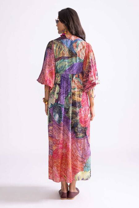 Shop_Saaksha & Kinni_Multi Color Silk Embroidery Round Neck Sara Daisy Print Puff Sleeve Dress_at_Aza_Fashions