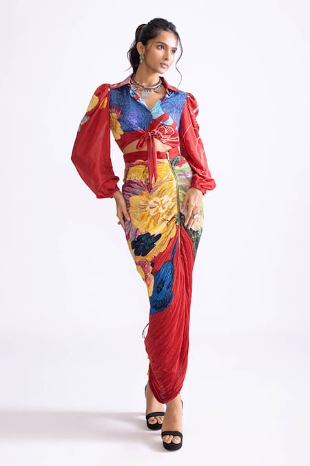 Buy_Saaksha & Kinni_Red Cotton, Silk Embroidery Collared Bella Daisy Print Tie Up Shirt _Online_at_Aza_Fashions